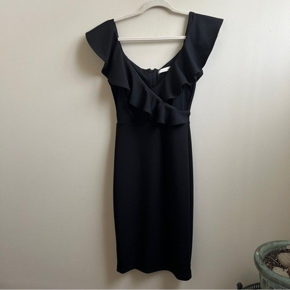 Just Me Black Plunge Ruffle Sleeveless Ponte NWT Bodycon Dress Size Small hco